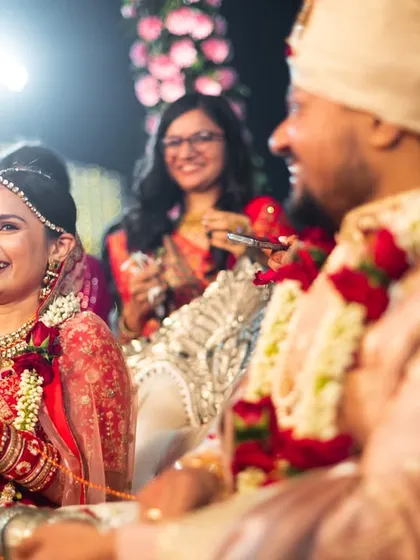 The bride's joyful laughter during her wedding ceremony.