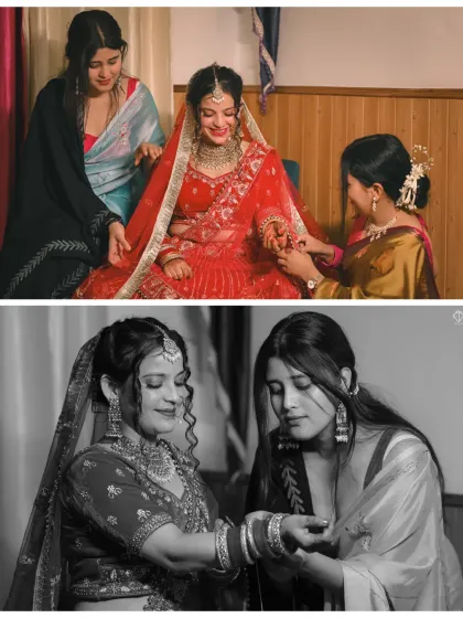 A collage of the bride getting ready with the help of her mother and sister, showcasing the intimate family moments before the ceremony.