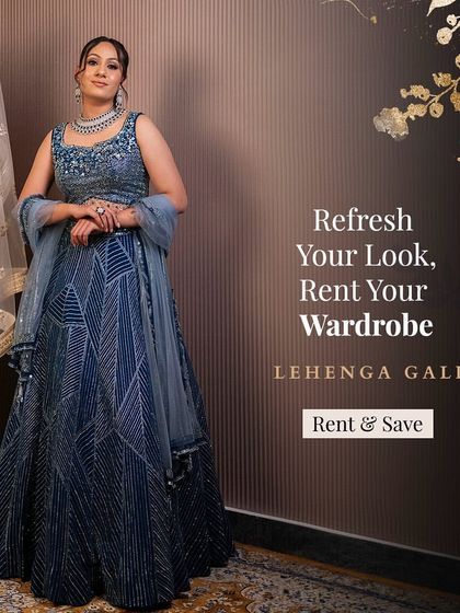 Refresh your look by renting your wardrobe. This deep blue lehenga with geometric silver embroidery is a stunning choice for an evening event.