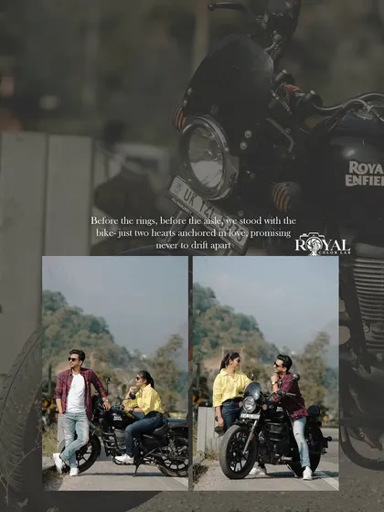 A creative collage with a feather overlay, showing a couple posing with their bike on a scenic mountain road.