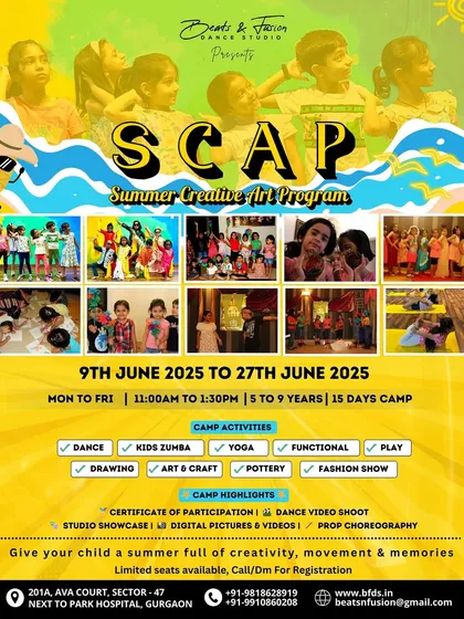 All the details for our next Summer Creative Art Program! See the dates, activities like dance, Zumba, yoga, and pottery, and camp highlights including a professional video shoot and studio showcase. Limited seats are available, so enroll your child today.