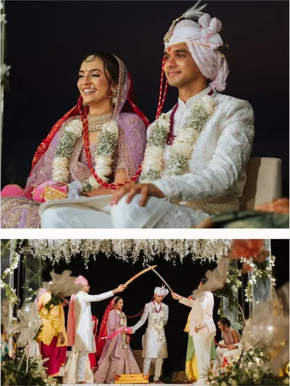 A collage showing the couple during their wedding ceremony and a fun moment with a sword arch.