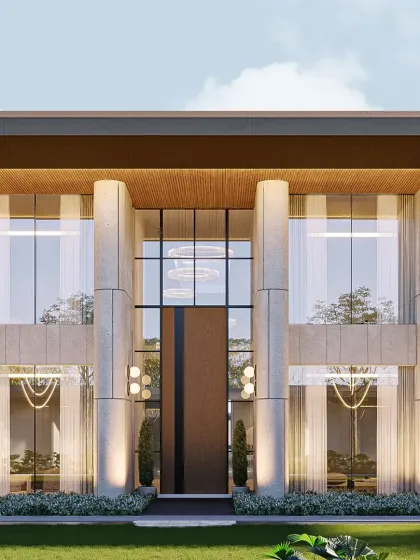 This facade balances monumental strength with serene openness. The design uses verticality, softened by transparent glass and layered with warm lighting, to create a sense of grounded elegance and a welcoming presence.