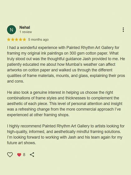 An artist themselves, this client praised our thoughtful guidance on framing for delicate works on cotton paper. We believe in educating our clients on the best archival methods to protect their creations.
