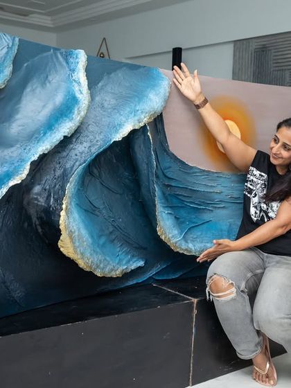 A moment of triumph after completing the "Golden Tides" masterpiece. The journey, the labor, the passion, it all leads to this moment of artistic fulfillment.