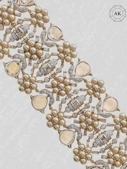 A detailed view of the convertible Akoya pearl bracelet, showing the intricate craftsmanship that allows it to be styled in two distinct ways.