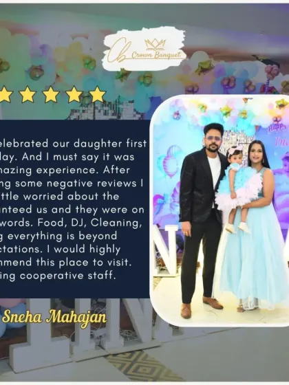 Sneha Mahajan's review for her daughter's first birthday mentions our amazing cooperative staff and how we delivered on our promises. We work hard to ensure every detail is beyond expectations.
