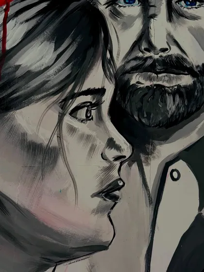 Another close-up of the "The Last of Us" painting, showcasing the shading and fine line work that brings the characters' portraits to life on the wall.