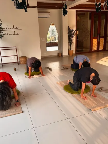 Students rest in child's pose, a moment of surrender and release.