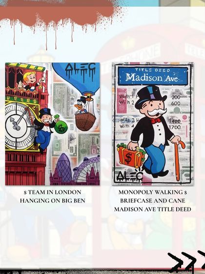 Another graphic displaying Alec Monopoly's art, including '$ Team in London Hanging on Big Ben.' His work is a vibrant commentary on wealth, capitalism, and pop culture.