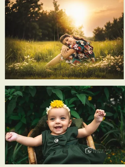This collage displays the contrast between a sun-drenched outdoor portrait of an older child and a vibrant, happy baby photo taken in a lush green setting.