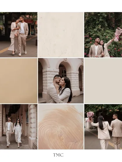 A mood board-style collage from a chic urban pre-wedding shoot. It combines couple portraits with textural details, showcasing the overall aesthetic and color palette of the session.