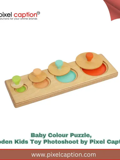 A branded photo of a baby's first wooden puzzle, designed to be eye-catching and informative for parents shopping online.