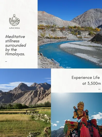 Experience life at 3,500 meters, surrounded by the meditative stillness of the Himalayas. Our retreats here include moments by the bright blue rivers and views of ancient Buddhist statues, connecting you to the land's deep spirituality.