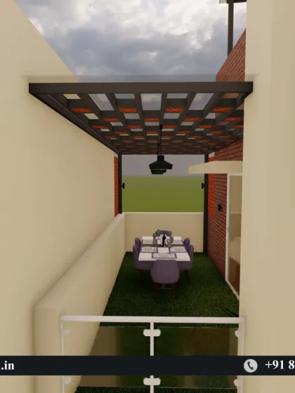 A top-down view of the 3D model for the narrow dining pergola, showing the layout and use of space.