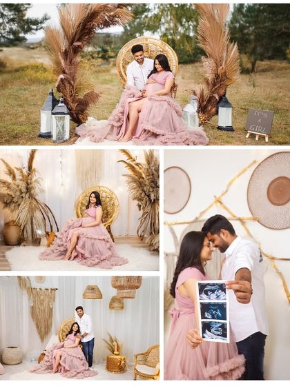 A multi-photo collage from a single session, showing a couple posing with props like a sonogram and a gender reveal sign, telling the complete story of their announcement.