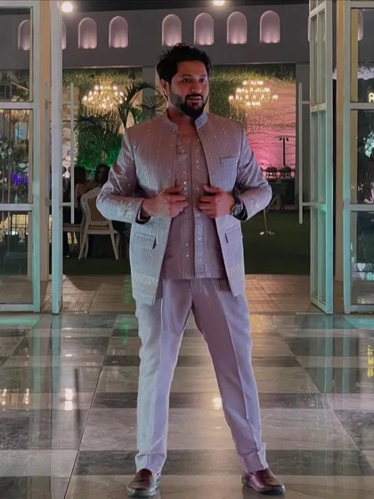 'Music is life itself'. A full-length shot of my lavender three-piece ethnic suit, perfect for a grand wedding or reception event.