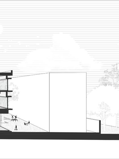 A longitudinal section of the Brilliant National School, showing how the building steps down with the site's natural slope.