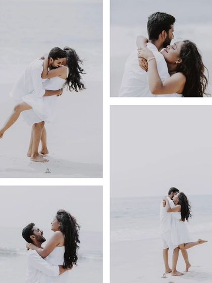 A collage of a couple's joyful embraces on the beach, dressed in coordinated white outfits.