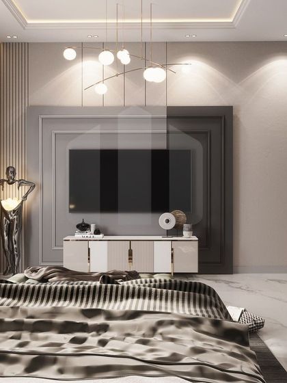 A luxury bedroom where art and design merge. A unique, life-sized illuminated sculpture stands beside the media unit, adding a bold artistic statement. The design plays with layers and textures to create a sophisticated and personalized space.