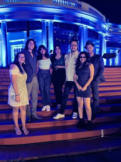 The band posing on the steps of the magnificent Madras Club after our New Year's Eve show. This picture shows the grand scale of the events we perform at.