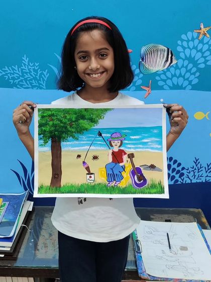 Another fun take for our April Fool's Day theme. This artist added a guitar to her beach fishing scene, creating a playful and unexpected story.