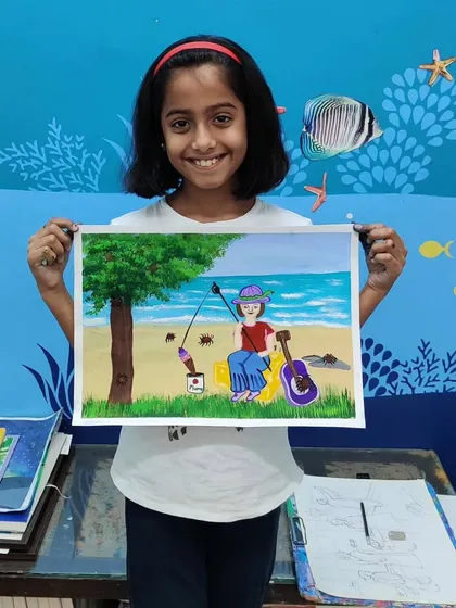 Another fun take for our April Fool's Day theme. This artist added a guitar to her beach fishing scene, creating a playful and unexpected story.
