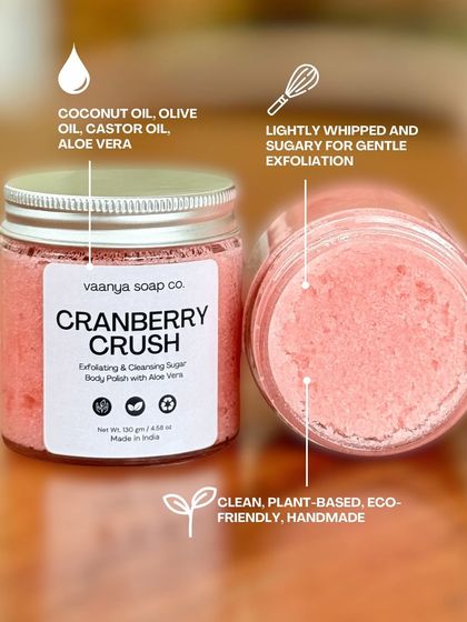 Our Cranberry Crush body polish is perfect for those who love a sweet, fruity scent. Like all our polishes, it's a 2-in-1 formula that exfoliates with sugar and cleanses with a rich lather.