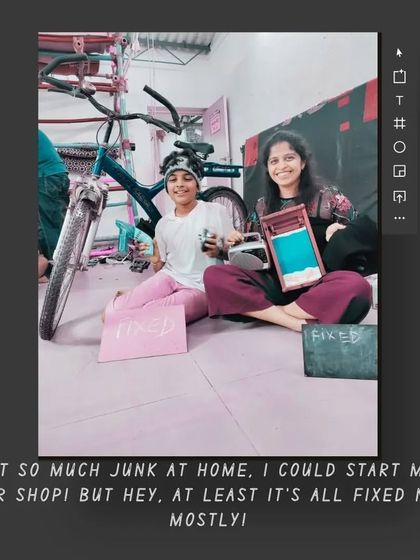 Two friends sit proudly with their repaired bicycle and other items. Our workshops are not just about fixing things; they are about building friendships and sharing in the success of a job well done.