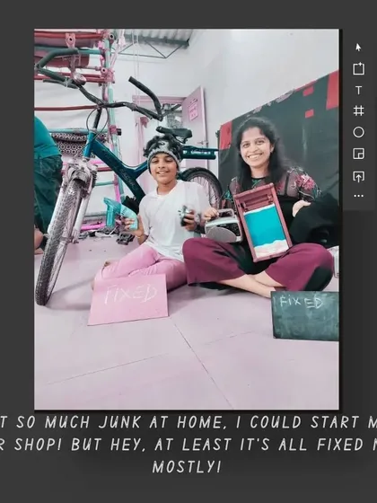 Two friends sit proudly with their repaired bicycle and other items. Our workshops are not just about fixing things; they are about building friendships and sharing in the success of a job well done.