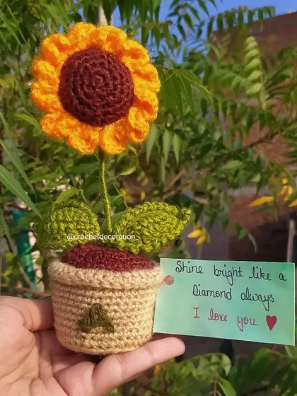 We love adding personal touches. This custom crochet sunflower pot includes the initial 'A' stitched onto the pot, making it a truly one-of-a-kind gift. We can add any initial or a small design upon request.