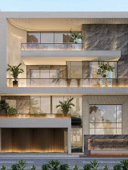 The front elevation of the Orchid Hospital project. The facade is a balanced composition of glass, stone, and concrete, with accessible balconies that provide breakout spaces and natural light for the interior.
