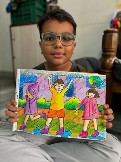 A 5th-grade student's memory drawing of children playing in the rain. We practice drawing basic human figures and creating a complete scene from imagination.
