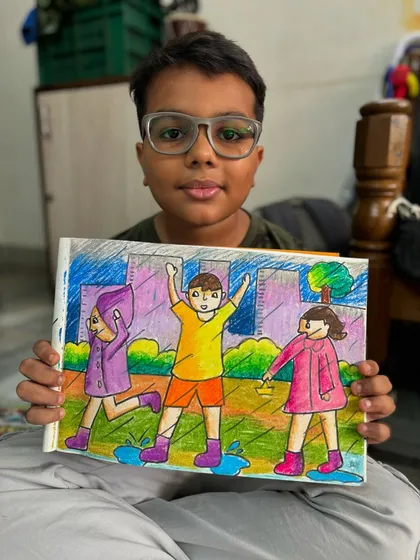 A 5th-grade student's memory drawing of children playing in the rain. We practice drawing basic human figures and creating a complete scene from imagination.