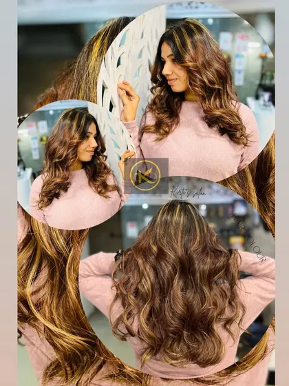 A collage of a client with beautiful balayage highlights. The different shots show her posing happily, showcasing her new wavy, multi-tonal hair from various angles.