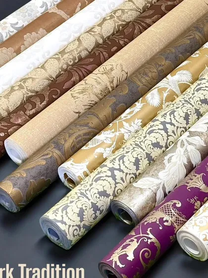My Dark Tradition collection features imported wallpapers with rich, classic designs. This image shows a variety of damask and floral patterns in deep, elegant color palettes with metallic and textured finishes, perfect for a sophisticated look.