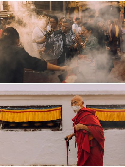 A diptych capturing street scenes in Kathmandu. One frame shows a ritual with smoke, and the other shows an elderly monk in a red robe and face mask, reflecting a blend of ancient and modern life.
