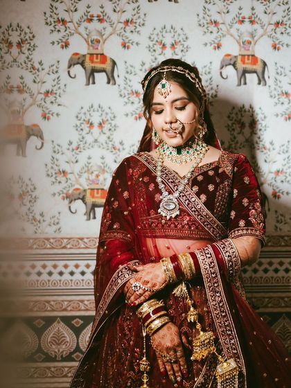 The complete look against a traditional backdrop, showcasing the blend of classic charm and modern glam.