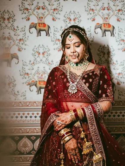 The complete look against a traditional backdrop, showcasing the blend of classic charm and modern glam.