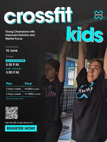 Here are all the details for our CrossFit Kids program. We offer flexible plans to fit your schedule, with batches designed to build stamina and mental focus. You can see the timings, pricing, and a QR code to register your child directly.