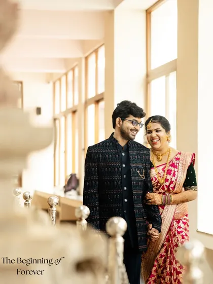 A beautiful moment from a Nischithartha, or engagement ceremony, capturing the couple's first steps into their new journey.