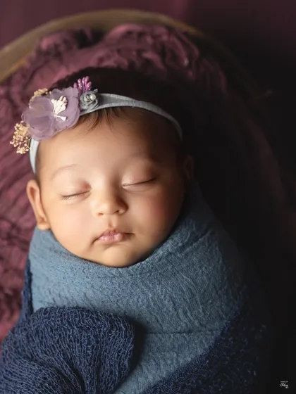 A serene close-up of a sleeping baby girl. The focus is entirely on her peaceful expression and the soft wrap around her.