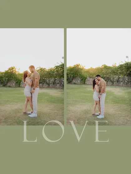 A diptych with a simple "Love" overlay, showcasing two intimate moments from a golden hour park session.