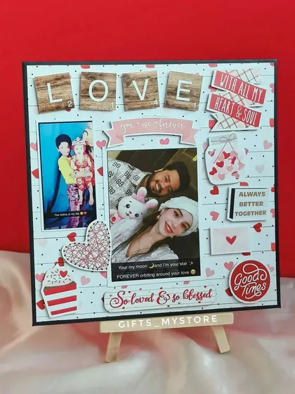 A beautiful "Love" themed scrapbook-style frame, another component of the engagement anniversary hamper.
