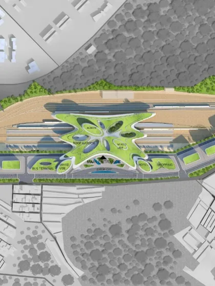 An overall site plan showing the station's relationship to the surrounding road network and green spaces.