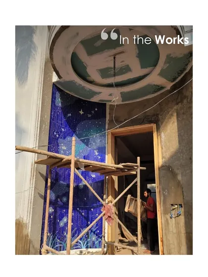 A work-in-progress shot of a project in Goa, where a large mosaic mural is being installed. This captures the moment where artistic detailing becomes a permanent part of the architecture.