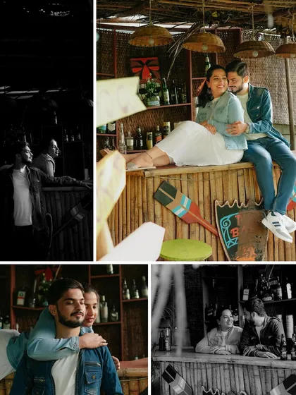 A creative collage from the tiki bar session, blending black and white with color. It captures the playful and romantic interactions of the couple in this unique setting.