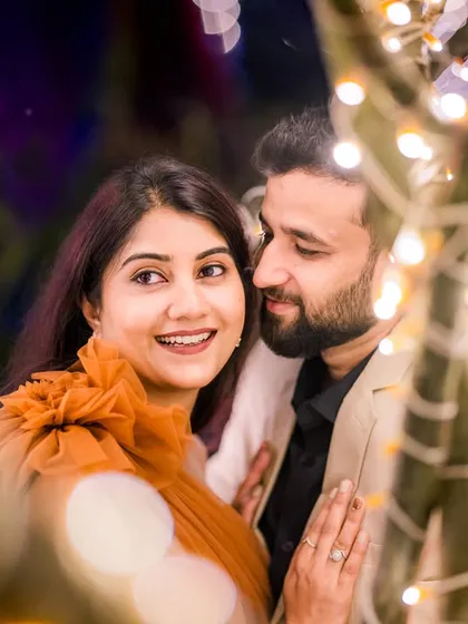 A close-up shot showing how the fairy lights create a beautiful, soft focus and add a magical sparkle to portraits.