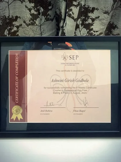 "Swapnapurti" - a dream turned into reality. This Certificate of Completion for my Professional Eggless Baking & Pastry course is a testament to all the hard work.