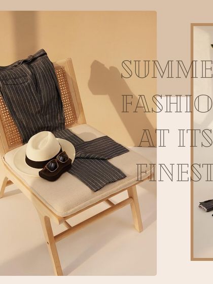 Summer fashion at its finest. This flat lay of a pinstripe suit, hat, and sunglasses invites you to slow down and savor the sweetness of life with our relaxed silhouettes.